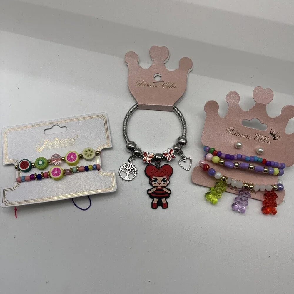 Princess Chloe Girls 3 Piece Bracelet Lot Red Hair Girl Fruits Gummy Bears New